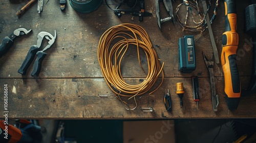 Wallpaper Mural A top-down view of an extension cable resting on a workbench, with tools nearby. The focus is on the extension cable's design and functionality. Torontodigital.ca