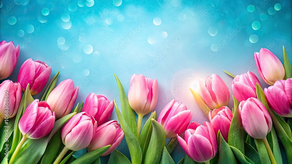 Obraz premium Floral Border of Pink Tulips on Blue Background for Anniversary Celebration - Perfect for Invitations and Greeting Cards