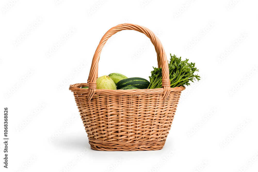 A wicker basket filled with fresh green vegetables isolated on white. Healthy organic produce A wicker basket filled with fresh green vegetables isolated on white. Healthy organic produce
