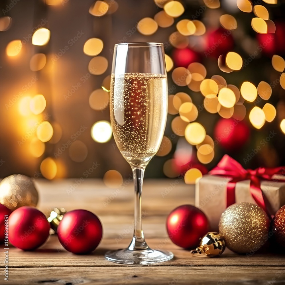 Christmas still life with champagne glass and festive decorations on luxury gold background with golden glitter sparkle bokeh. New Year and Christmas holiday template for celebration, congratulation. Christmas still life with champagne glass and festive decorations on luxury gold background with golden glitter sparkle bokeh. New Year and Christmas holiday template for celebration, congratulation.