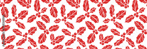 Red Christmas ilex or holly seamless vector pattern banner, holiday print, wide cover design on white