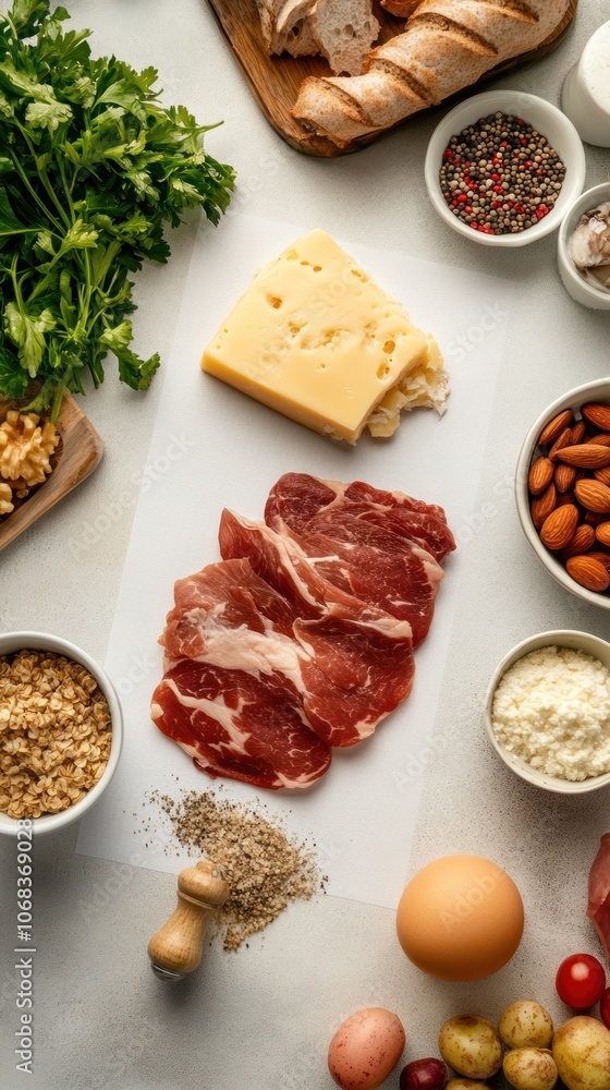A variety of fresh ingredients arranged for meal preparation, including meats, cheese, and vegetables. A variety of fresh ingredients arranged for meal preparation, including meats, cheese, and vegetables.