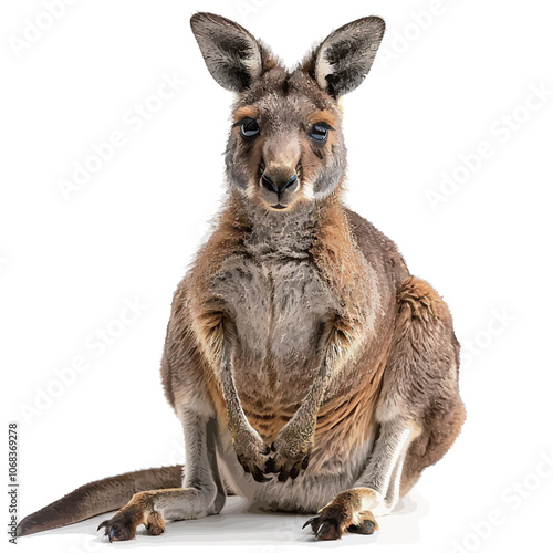 Kangaroo sitting and looking at camera, isolated on white background 