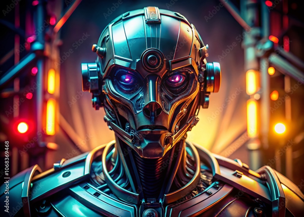 Enigmatic Robot Head Illuminated in Low Light, Showcasing Futuristic Design and Intricate Details, Perfect for Sci-Fi Concepts and Technology Themes Enigmatic Robot Head Illuminated in Low Light, Showcasing Futuristic Design and Intricate Details, Perfect for Sci-Fi Concepts and Technology Themes