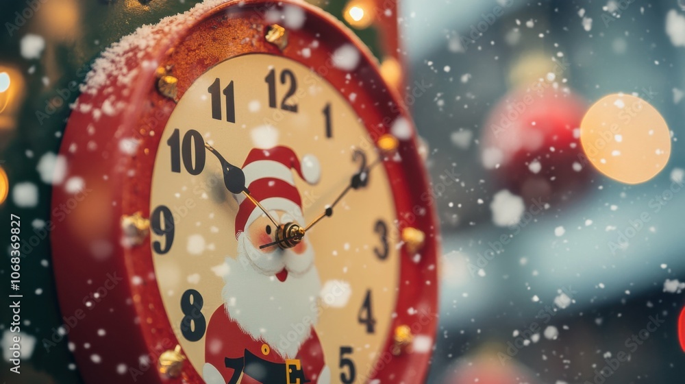 Close-up of a Christmas countdown clock showing the days until Christmas, with a cheerful Santa design and snowflakes in the background. Close-up of a Christmas countdown clock showing the days until Christmas, with a cheerful Santa design and snowflakes in the background.