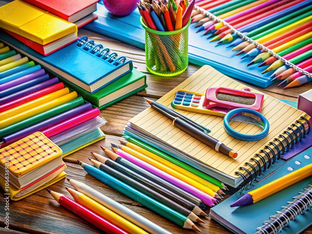 Essential School Supplies for Students: A Macro Photography Capture of Pencils, Notebooks, and Stationery for Effective Learning in Classrooms and Lessons Essential School Supplies for Students: A Macro Photography Capture of Pencils, Notebooks, and Stationery for Effective Learning in Classrooms and Lessons
