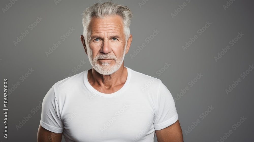 A dignified older man in a white t-shirt stands confidently against a gray background, his gaze steady with wisdom and gentle strength. A dignified older man in a white t-shirt stands confidently against a gray background, his gaze steady with wisdom and gentle strength.