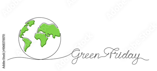 Vector illustration of a one line drawing of planet Earth and Green Friday handwritten text