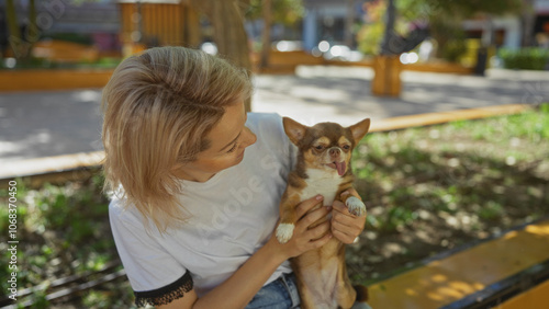 A young blonde woman holding a chihuahua dog in an urban park outdoor setting during the day.