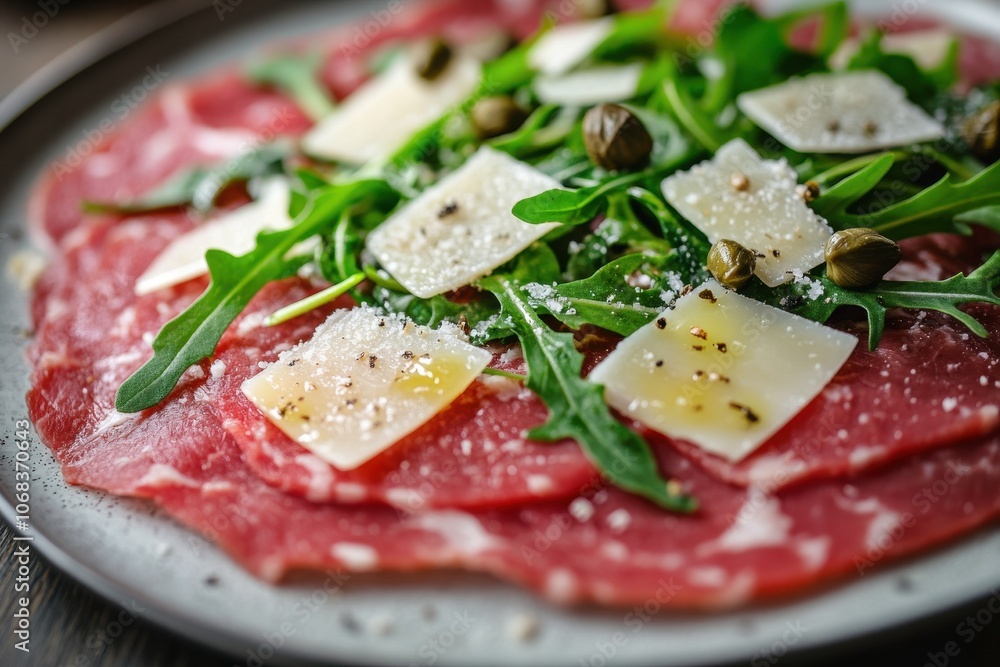 Closeup of beef carpaccio with parmesan cheese. Perfect for recipes, food blogs, or restaurant menus. Closeup of beef carpaccio with parmesan cheese. Perfect for recipes, food blogs, or restaurant menus.