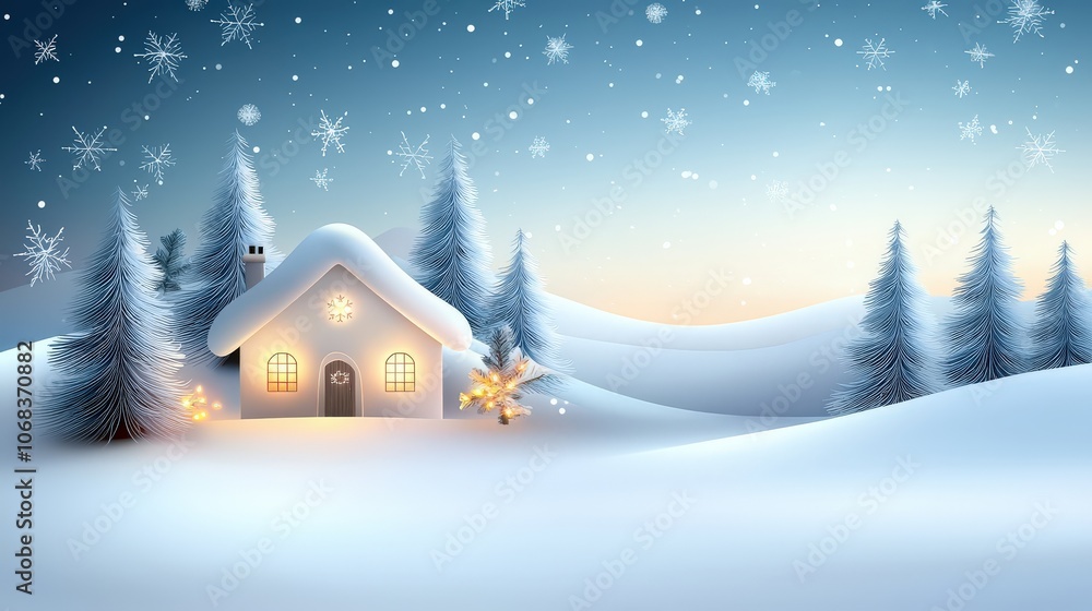 Snowy winter landscape at dusk with a cozy house and pine trees wrapped in holiday lights, soft snowflakes falling in the peaceful winter evening Snowy winter landscape at dusk with a cozy house and pine trees wrapped in holiday lights, soft snowflakes falling in the peaceful winter evening