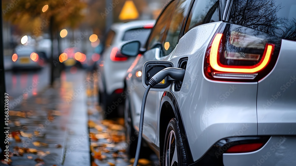 Close-up of a white electric car charging in an urban setting on a rainy day. Close-up of a white electric car charging in an urban setting on a rainy day.