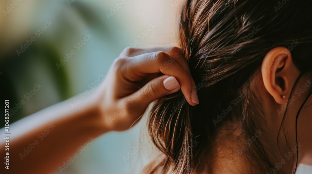 Obraz premium A low-angle view of someone using a hair tie to style their hair, with the background softly blurred for action.