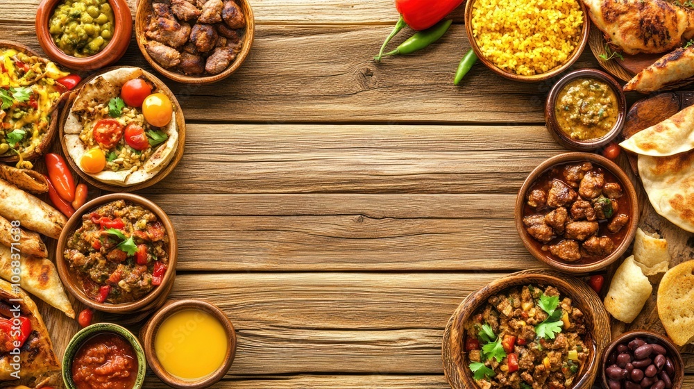 A vibrant display of various dishes arranged on a wooden table, showcasing diverse cuisine. A vibrant display of various dishes arranged on a wooden table, showcasing diverse cuisine.