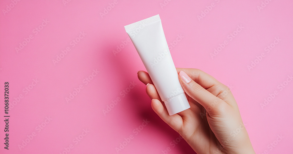 closeup hand woman cosmetic plastic tube, copy space pink background closeup hand woman cosmetic plastic tube, copy space pink background