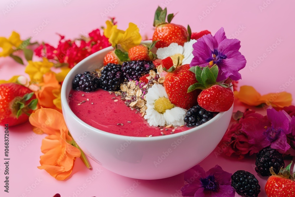 Delicious and vibrant smoothie bowl topped with fresh fruits for a healthy and refreshing breakfast treat. Delicious and vibrant smoothie bowl topped with fresh fruits for a healthy and refreshing breakfast treat.