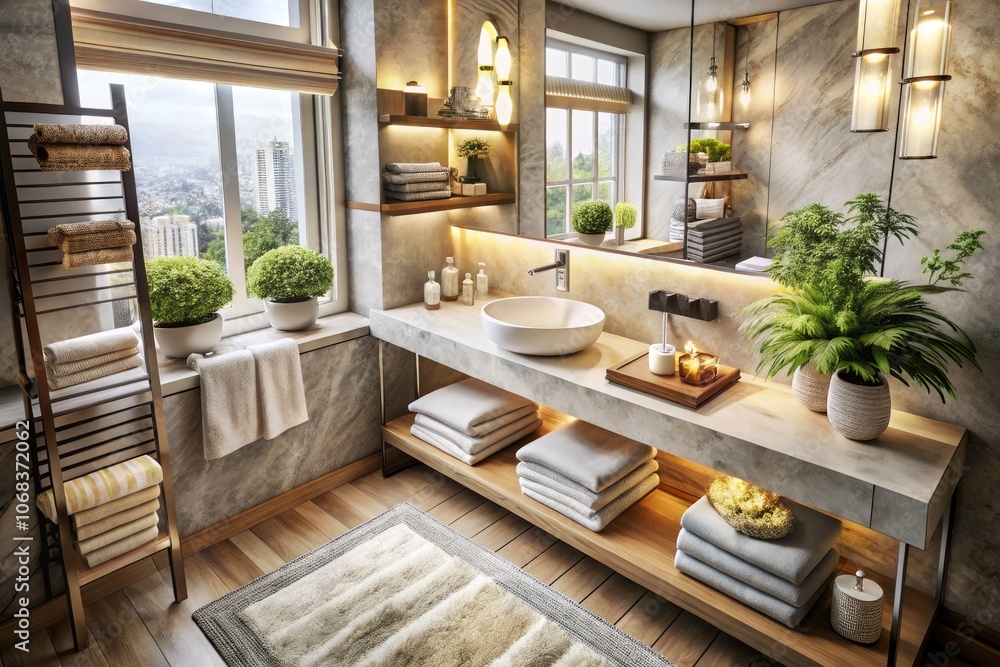 Luxurious Bathroom Towels and Accessories in Contemporary Setting - Elegant Design, Soft Fabrics, Stylish Decor, Modern Bathroom Essentials, Cozy Atmosphere, Spa-like Experience Luxurious Bathroom Towels and Accessories in Contemporary Setting - Elegant Design, Soft Fabrics, Stylish Decor, Modern Bathroom Essentials, Cozy Atmosphere, Spa-like Experience