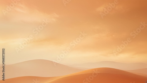 Serene desert landscape at sunset, with soft rolling dunes bathed in warm orange and peach tones, perfect for conveying tranquility and natural beauty