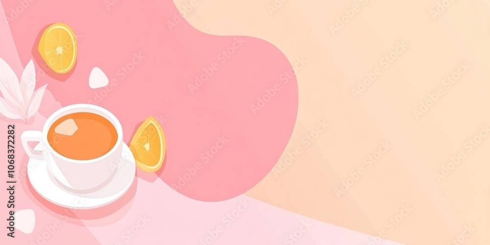 A minimalist illustration featuring a cup of tea with lemon slices on a pastel background. A minimalist illustration featuring a cup of tea with lemon slices on a pastel background.