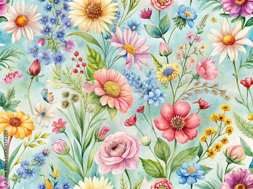 Exquisite Seamless Watercolor Pattern Featuring a Summer Bouquet of Vibrant Wildflowers in Soft Pastels, Perfect for Fabric, Wallpaper, and Stationery Design