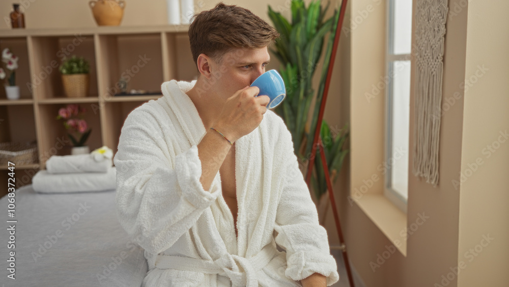 Handsome man sipping tea in a wellness center, wearing a white robe, indicating relaxation and comfort in a salon or spa setting. Handsome man sipping tea in a wellness center, wearing a white robe, indicating relaxation and comfort in a salon or spa setting.