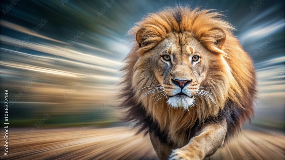 Fototapeta premium Extreme Closeup of a Sprinting Lion: A Wallpaper Design Cover Concept Capturing the Essence of Competition and Wild Majesty with Striking Detail and Dynamic Movement
