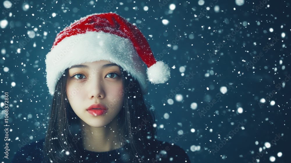 Portrait of a young woman with a Santa hat, standing in gently falling snow, evoking holiday cheer and festive spirit. Portrait of a young woman with a Santa hat, standing in gently falling snow, evoking holiday cheer and festive spirit.