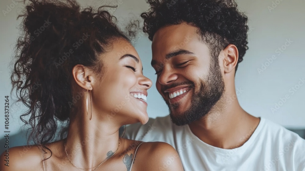 The couple shares laughter and smiles, cozy on the sofa, creating a warm atmosphere filled with love and happiness The couple shares laughter and smiles, cozy on the sofa, creating a warm atmosphere filled with love and happiness