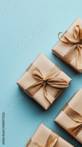 Beautifully wrapped gifts in gold sit against a calming blue background, capturing the excitement and anticipation of the holiday shopping season