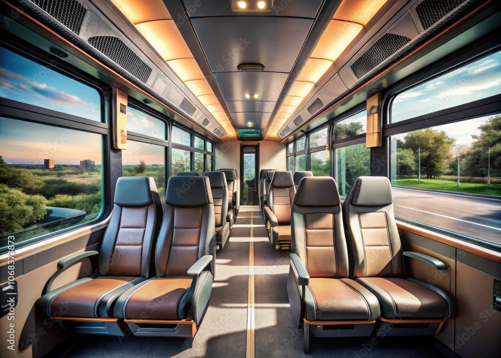 Modern Bus Interior with Comfortable Seating and Spacious Design, Sleek Contemporary Style, Ideal for Travel, Luxury Transportation, Urban Commuting, and Passenger Convenience Modern Bus Interior with Comfortable Seating and Spacious Design, Sleek Contemporary Style, Ideal for Travel, Luxury Transportation, Urban Commuting, and Passenger Convenience