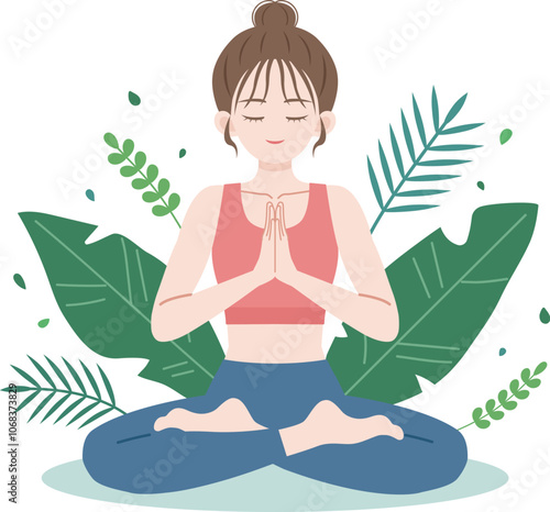 young woman doing meditation in yoga pose surrounded by leaves