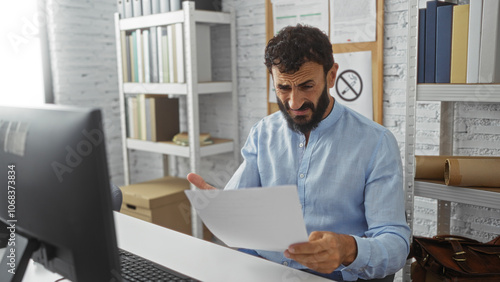 Hispanic man frustrated at work analyzing documents in a modern office with shelves and computer.