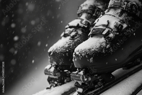 Detail shot of ski boots strapped onto skis in snow