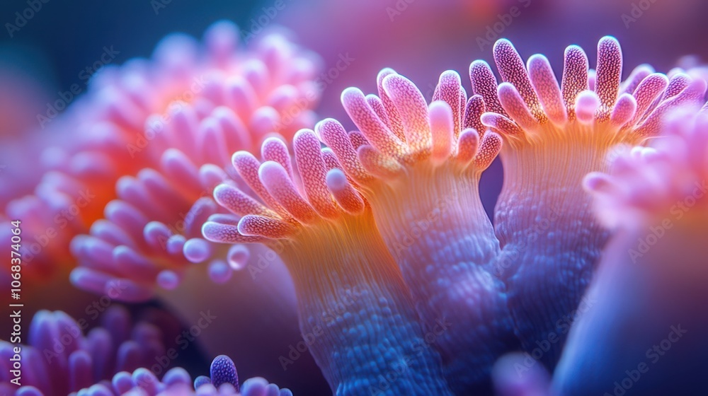 A mesmerizing macro shot reveals coral polyps glowing in vivid hues of pink and purple underwater. A mesmerizing macro shot reveals coral polyps glowing in vivid hues of pink and purple underwater.