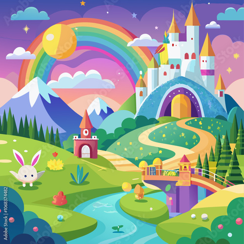 Fantasy landscape with a castle, rainbow, and cute creatures