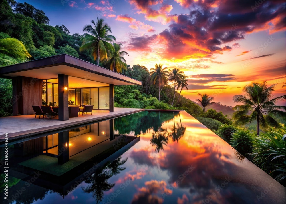 Fototapeta premium Modern Villa with Infinity Pool Surrounded by Lush Jungle - Stunning Silhouette Photography of Luxury Architecture, Tropical Paradise, and Scenic Views for Dreamy Getaways