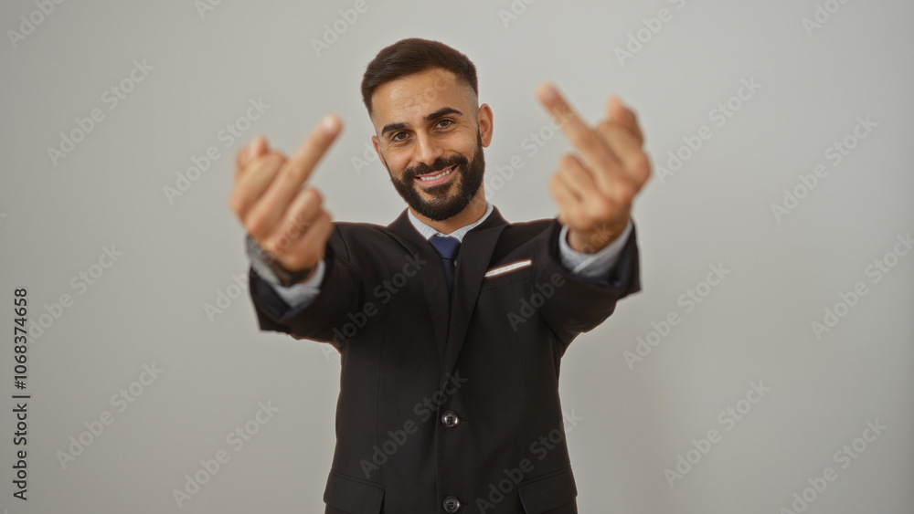 Handsome young hispanic man with beard in suit over isolated white background showing middle fingers and smiling confidently Handsome young hispanic man with beard in suit over isolated white background showing middle fingers and smiling confidently