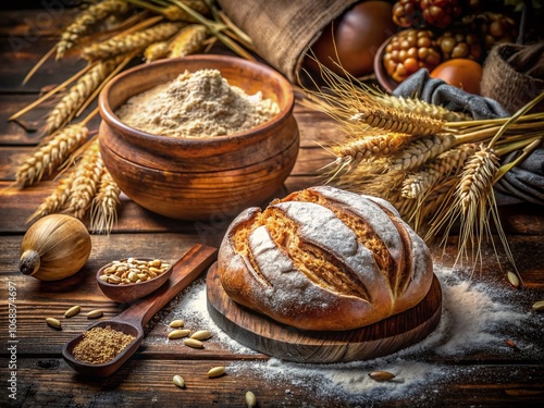 Freshly Baked Bread Surrounded by Wheat Ears and Flour Bowl Illustrating the Art of Baking and the Beauty of Natural Ingredients in a Rustic Kitchen Setting