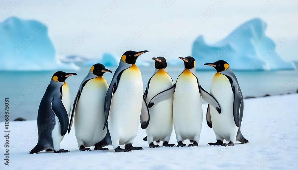 Fototapeta premium Group of King Penguins on Snowy Landscape,
