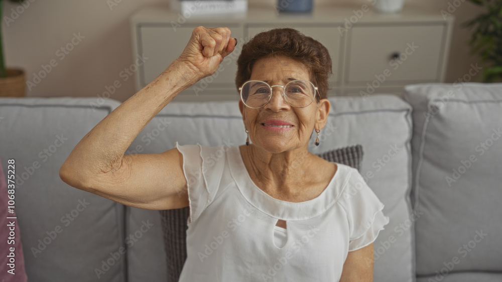 Cheerful elderly hispanic woman with short hair raises her fist in triumph while sitting in a cozy living room, dressed casually, framed by neutral tones, and exuding confidence and joy.