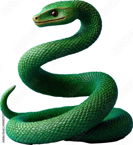 A bright green snake coiled among delicate flowers and leaves on a transparent background. The illustration symbolizes harmony and beauty in honor of the Year of the Snake in the Eastern calendar.