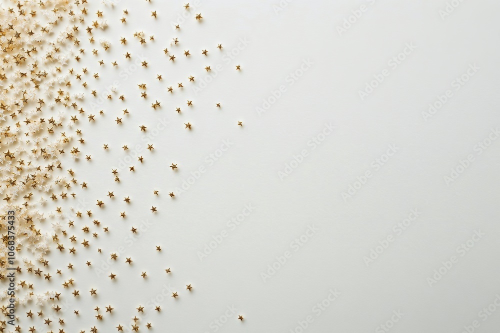 A multitude of golden stars scattered across a white background for creative decoration A multitude of golden stars scattered across a white background for creative decoration