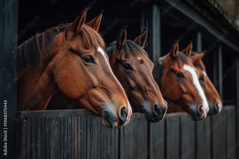 Obraz premium Four horses peering from stalls. A close-up shot of four horses in a stable, looking out from their stalls, perfect for equestrian-related projects or themes of curiosity.