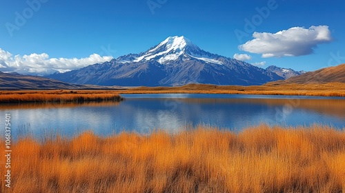 A snow-capped mountain reflected in a calm lake surrounded by golden grass.