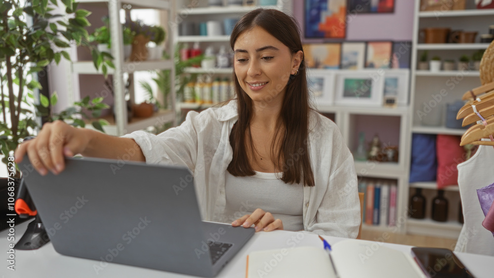 Young attractive brunette woman working on a laptop in a beautifully decorated home decor store interior with plants and shelves around her Young attractive brunette woman working on a laptop in a beautifully decorated home decor store interior with plants and shelves around her