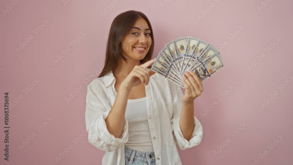 Young woman holding cash over pink wall, smiling confidently while displaying u.s. dollars in her hand, showcasing financial success and confidence. Young woman holding cash over pink wall, smiling confidently while displaying u.s. dollars in her hand, showcasing financial success and confidence.