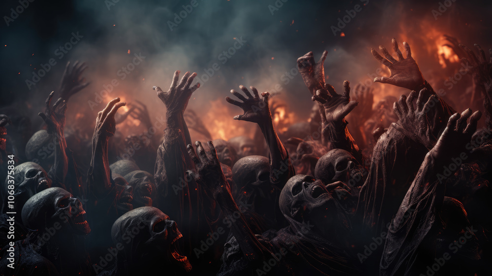 Fototapeta premium generated illustration of Halloween night background of numerous scary zombie hands risen up