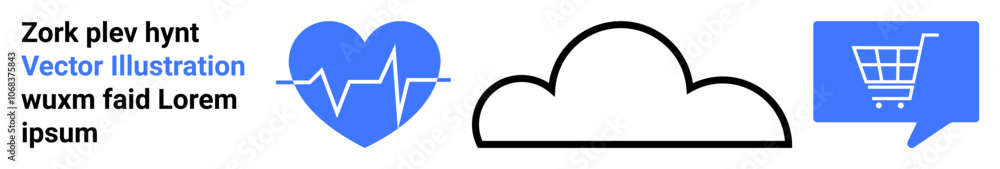 Blue heart with heartbeat line, cloud symbol, and shopping cart in blue chat bubble. Ideal for wellness, technology, ecommerce, digital marketing, user interface, applications, and websites. Landing Blue heart with heartbeat line, cloud symbol, and shopping cart in blue chat bubble. Ideal for wellness, technology, ecommerce, digital marketing, user interface, applications, and websites. Landing