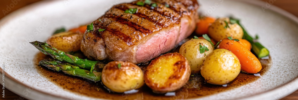 cooked duck breast, accompanied by a variety of caramelized vegetables. AI generative. cooked duck breast, accompanied by a variety of caramelized vegetables. AI generative.