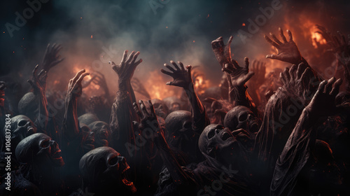 generated illustration of Halloween night background of numerous scary zombie hands risen up